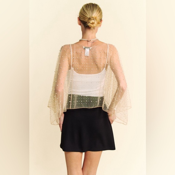 266B. Pearl Rhinestone Embellished Mesh Topper Cape - Nude - Picture 3 of 10